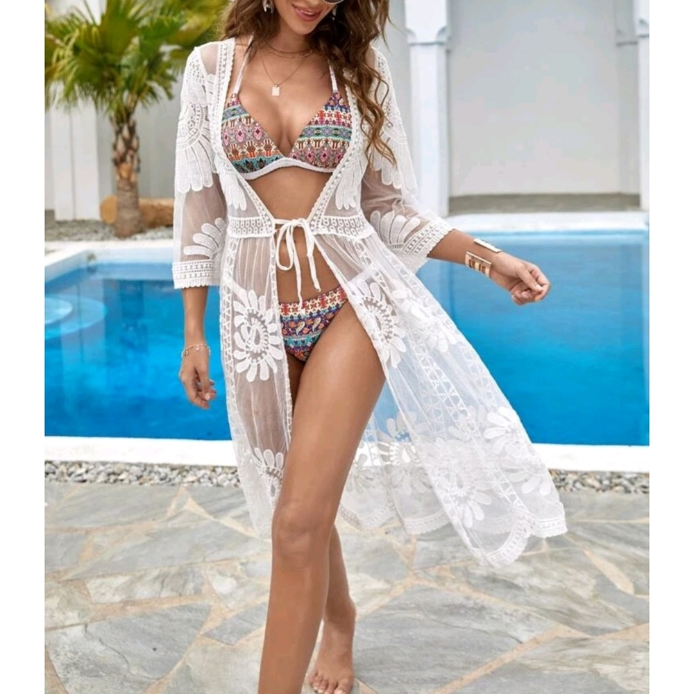 Red Boho Tie Front Mesh Embroidered Kimono - Picture 5 of 10